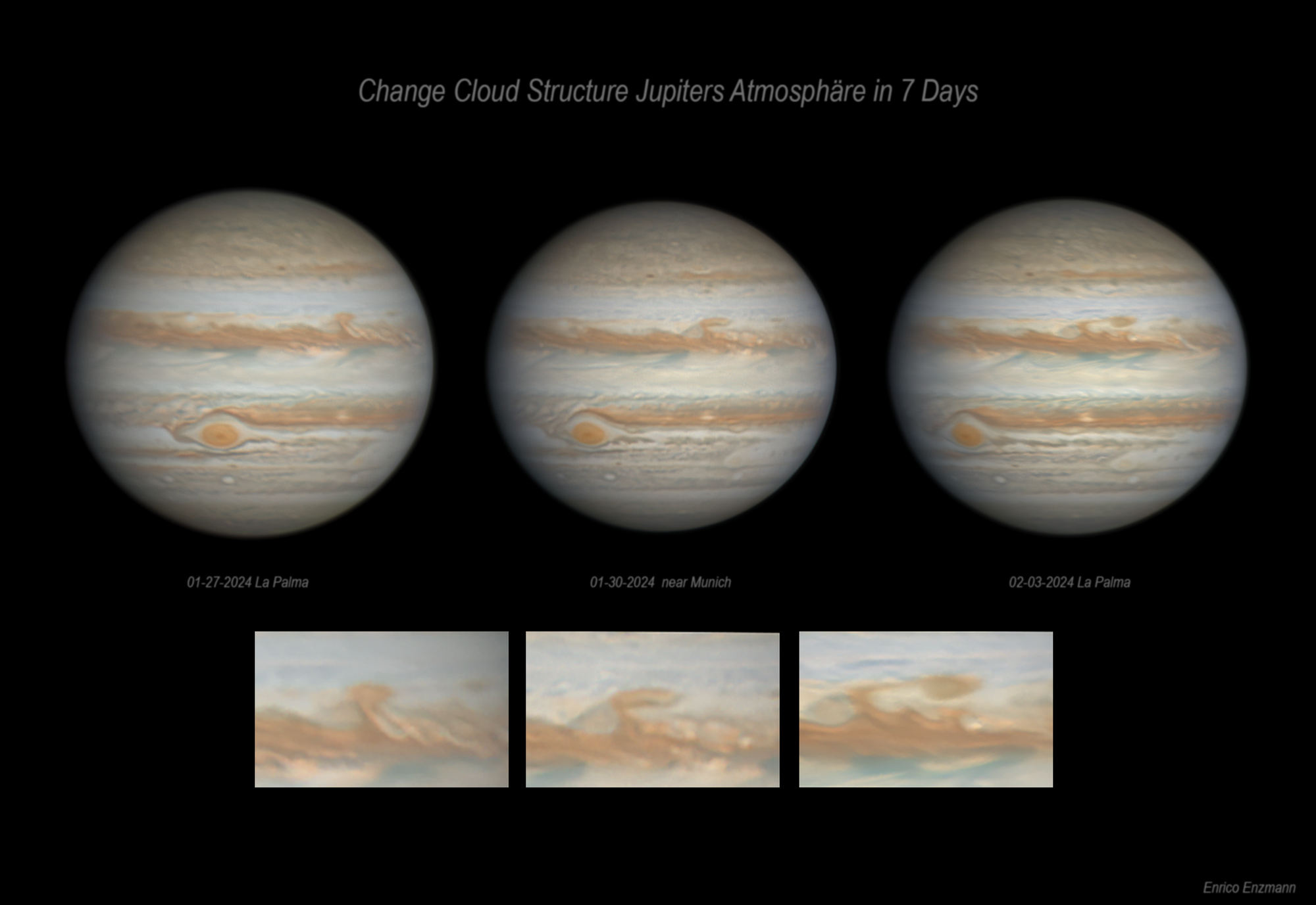 Wolkenstrukturänderung Jupiter in 7 Tagen
