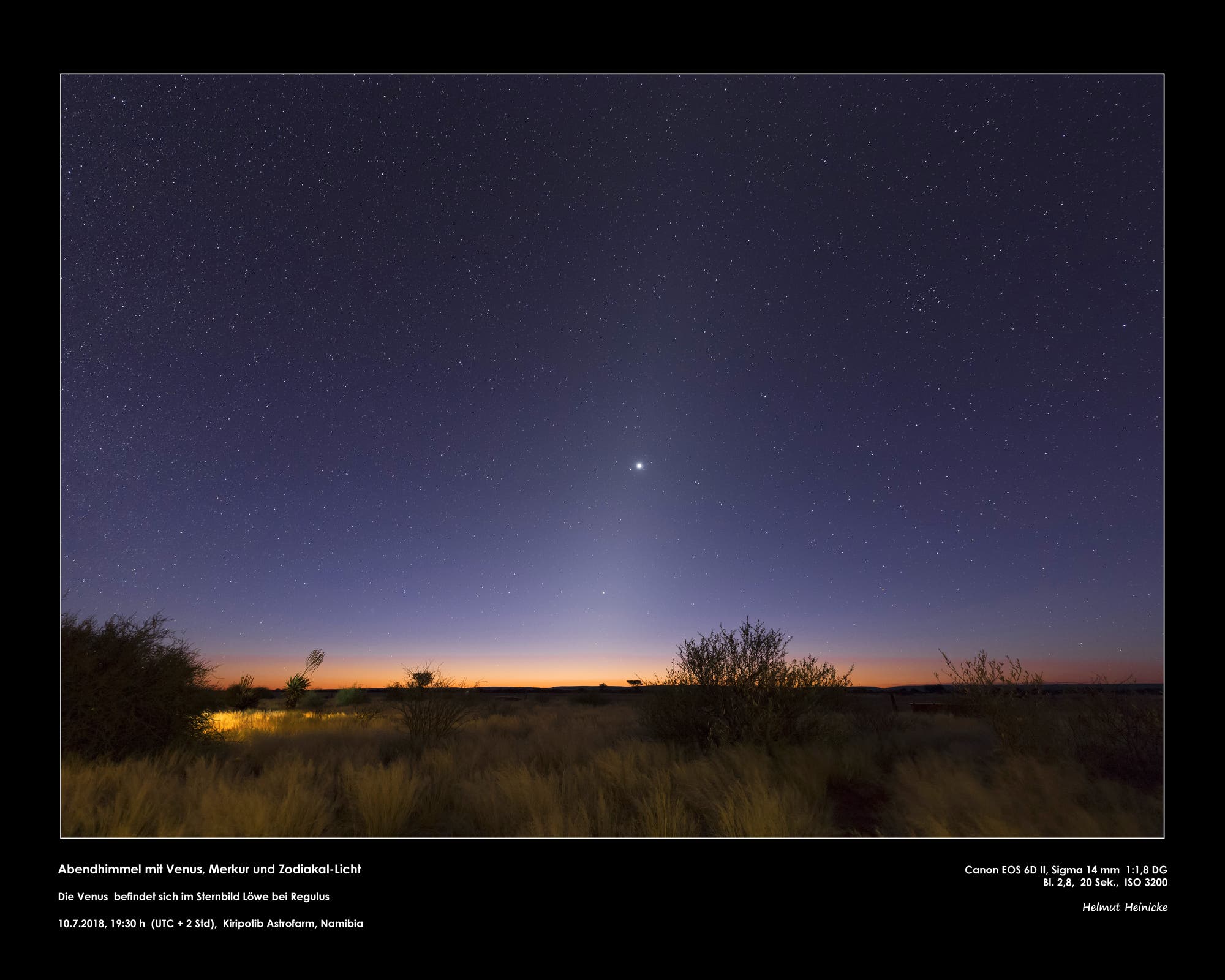 Abendhimmel in Namibia mit Venus, Merkur und Zodiakal-Licht