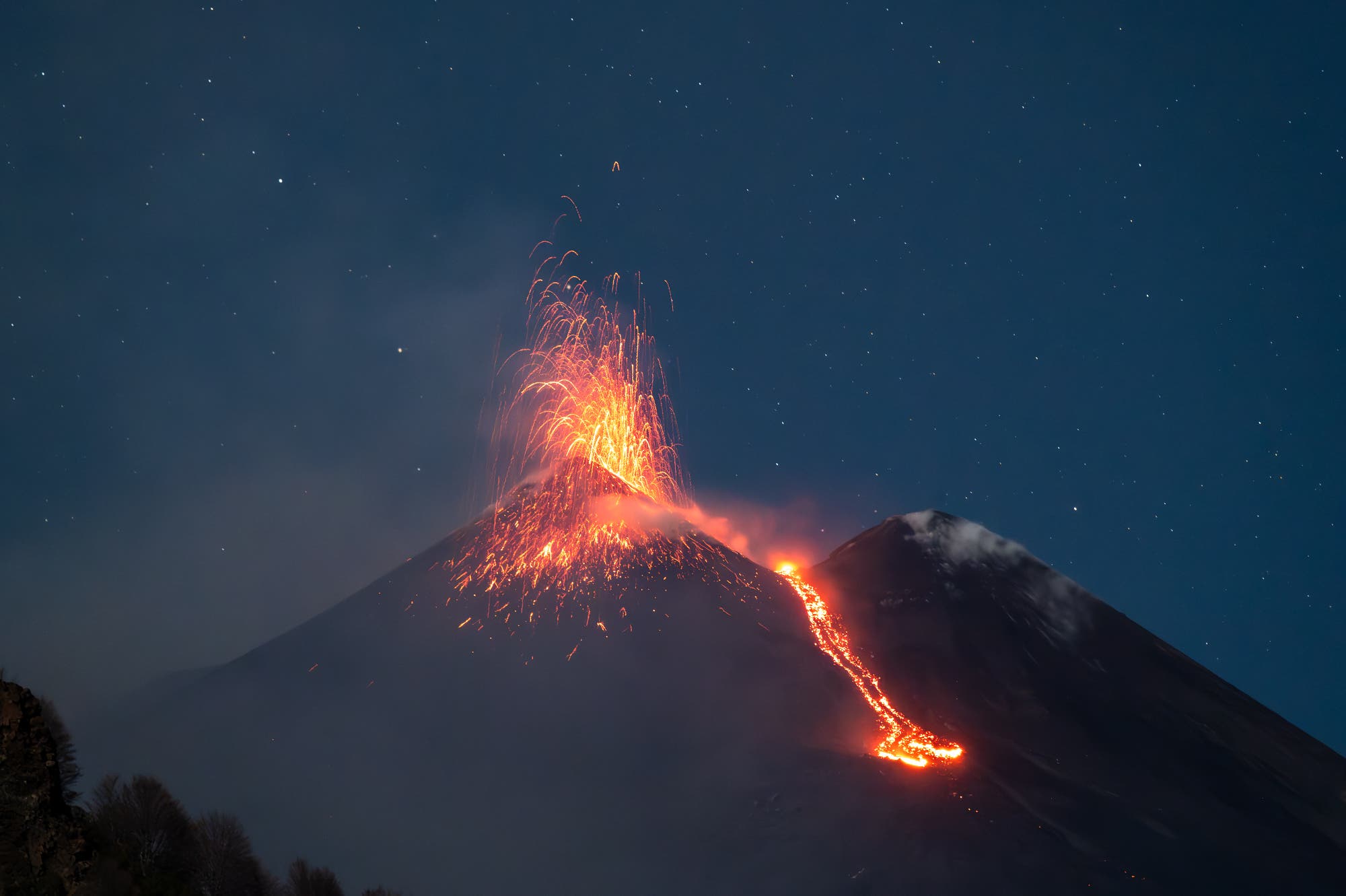 Etna eruption under a magnificent starry sky