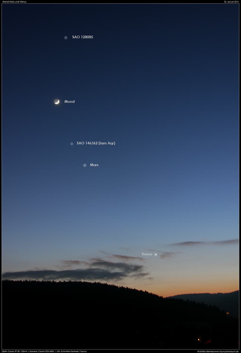 Mond, Mars und Venus in der Abenddämmerung im Taunus