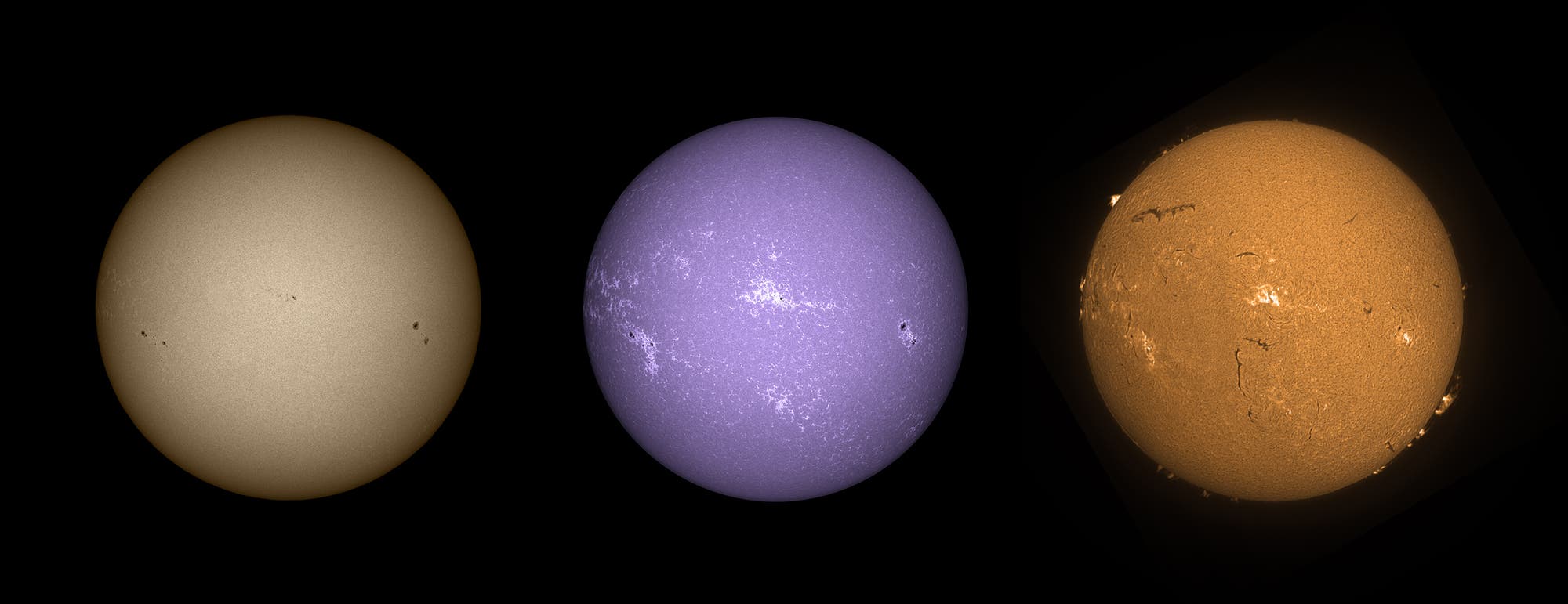 Sonne in Weißlicht, CaII und H-alpha am 8.8.2014