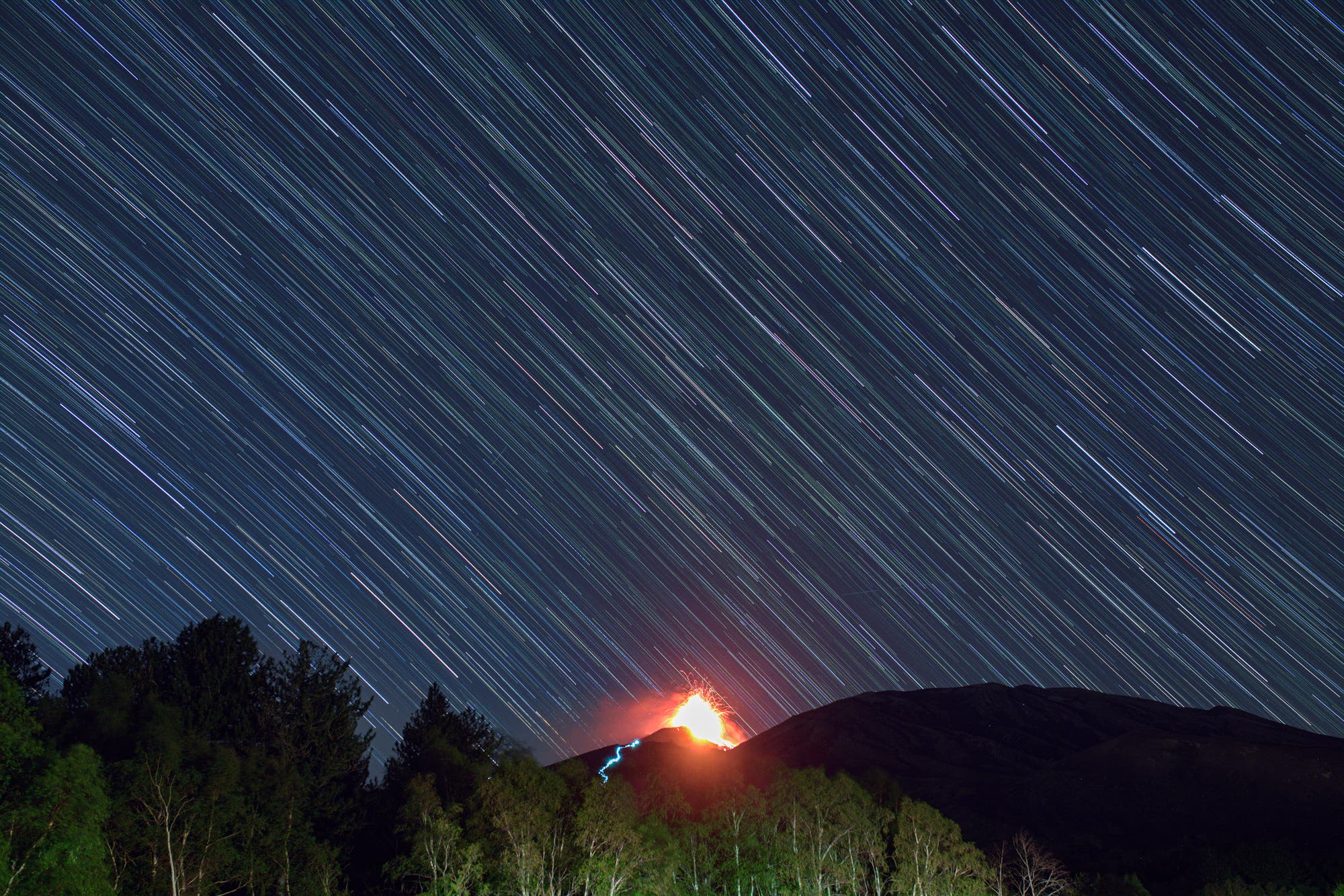 Star trails over Etna eruption