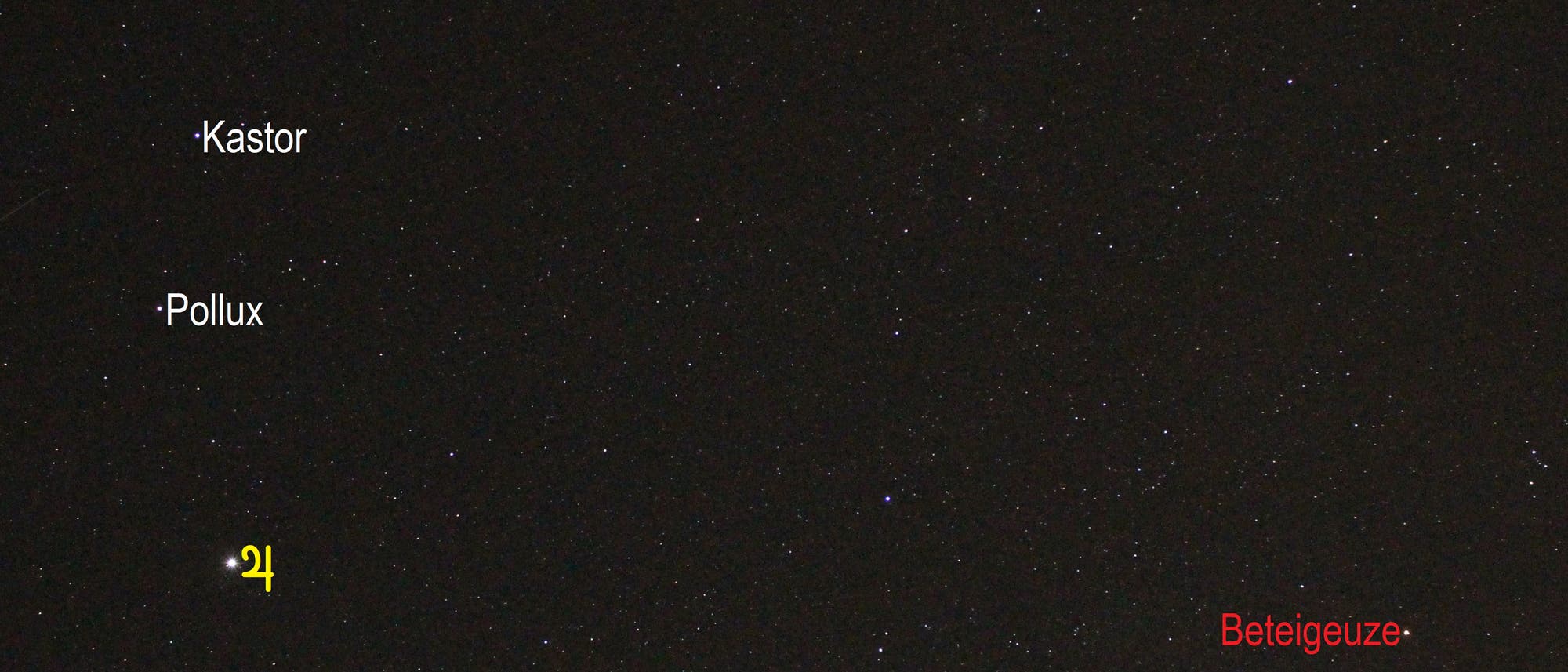 Jupiter im Sternbild Zwillinge (Objekte beschriftet)