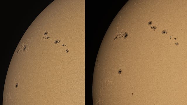 Sonnenflecken am Ostrand der Sonne im Abstand von 22 Stunden