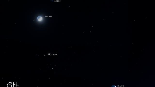 Jupiterbewegung Mitte April 2013 im Sternbild Stier