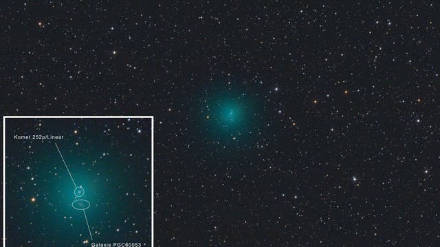 Komet 252P/Linear und die Balkengalaxie mit PGC 60053