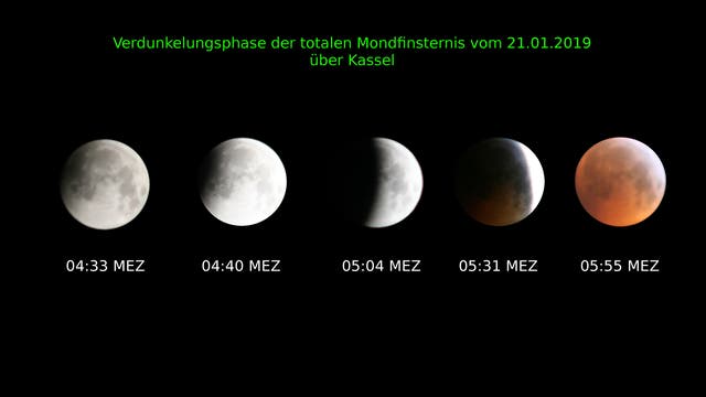 Collage der Mondfinsternis vom 21. Januar 2019 über Kassel