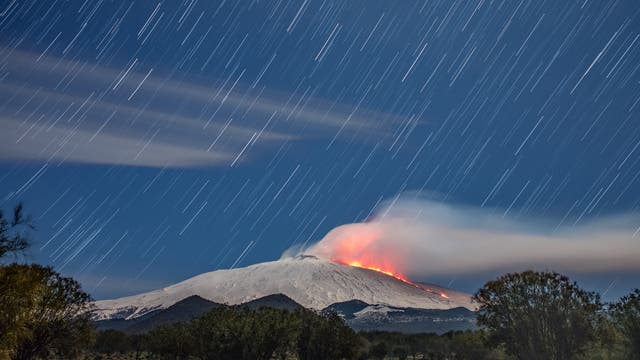Star trails above Etna in eruption