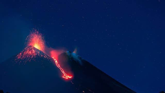 Starry night over erupting Etna