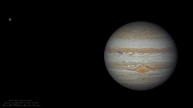 Jupiter mit Rotem Fleck und Ganymed am 23. Juli 2023