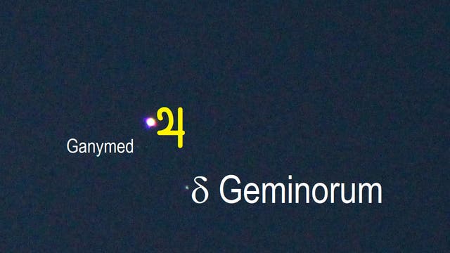 Jupiter bei Delta Geminorum (Objekte beschriftet)