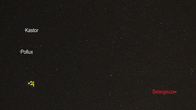 Jupiter im Sternbild Zwillinge (Objekte beschriftet)