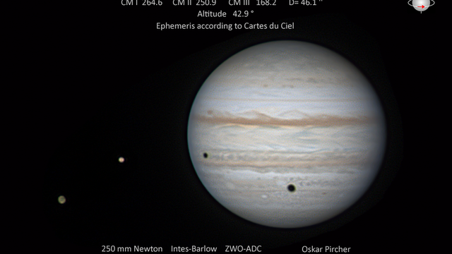 Jupiter, Io, Ganymed mit Schatten am 9. August 2022