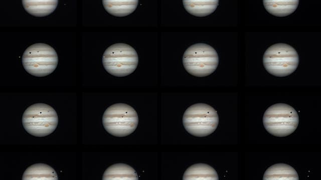 Jupiter mit drei Monden und zwei Mondschatten am Abend des 16. März 2016