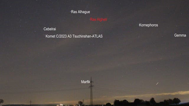 Komet C/2023 A3 Tsuchinshan-ATLAS über dem Westhorizont (Objekte beschriftet)