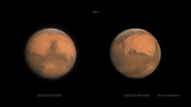 Mars am 27. und 28. Dezember 2022, aufgenommen südlich von München