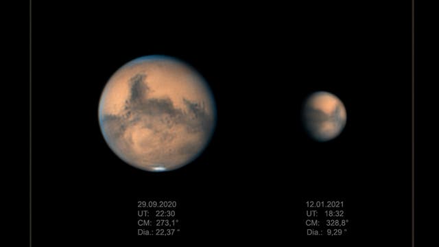 Mars Größenvergleich 29. September 2020 und 12. Januar 2021