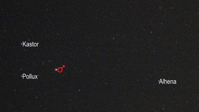 Mars im Sternbild Zwillinge (Objekte beschriftet)