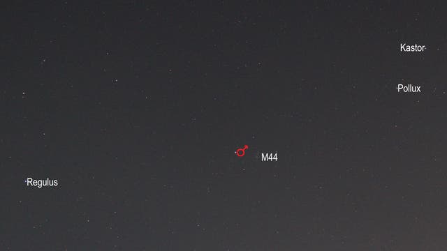 Mars im Sternbild Krebs (Objekte beschriftet)