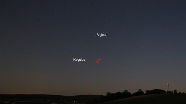 Mars nähert sich Regulus (Objekte beschriftet)