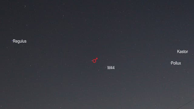 Mars im Sternbild Krebs (Objekte beschriftet)