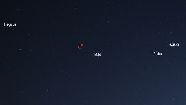 Mars im Sternbild Krebs (Objekte beschriftet)