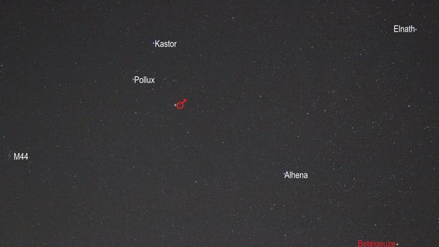 Mars im Sternbild Zwillinge (Objekte beschriftet)