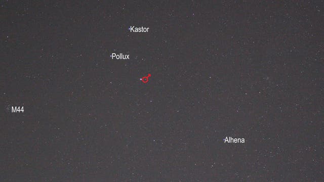 Mars im Sternbild Zwillinge (Objekte beschriftet)