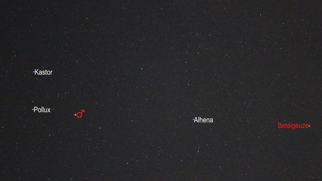 Mars im Sternbild Zwillinge (Objekte beschriftet)