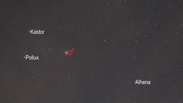 Mars im Sternbild Zwillinge (Objekte beschriftet)