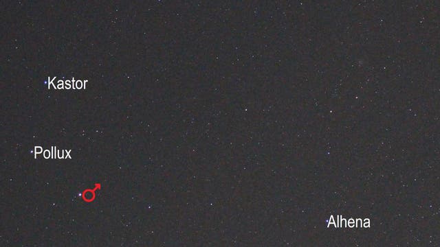 Mars im Sternbild Zwillinge (Objekte beschriftet)