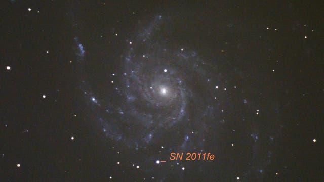 Supernova SN2011fe mit 11,5 mag und Feuerradgalaxie