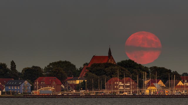 Mondaufgang über dem Hafen von Wiek, Insel Rügen