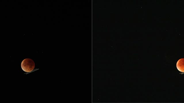 "Streifende Mondbedeckung" durch ein Flugzeug während der Mondfinsternis am 28.09.2015