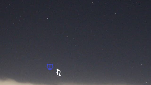 Zweite Konjunktion zwischen Saturn und Neptun (Objekte beschriftet)