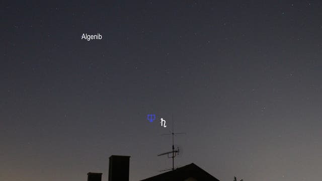 Saturn und Neptun am Morgenhimmel (Objekte beschriftet)