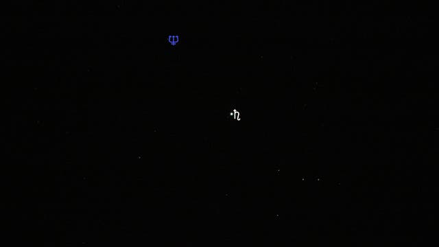 Saturn und Neptun in gegenseitiger Konjunktion (Objekte beschriftet)