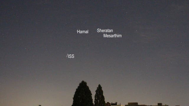 ISS im Sternbild Widder (Objekte beschriftet)