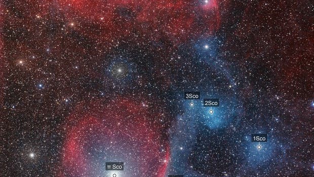 Reflection Nebula VdB99, H-Alpha Nebula Sh2-1 and Sh2-7  in Constellation Scorpius 