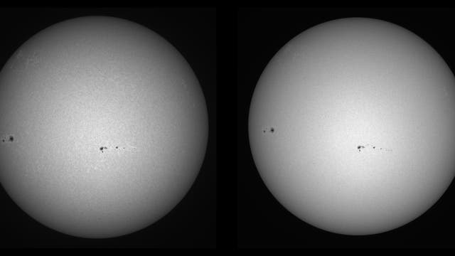 Vergleich der Sonne aufgenommen im UV und Weißlicht am 5. März 2022