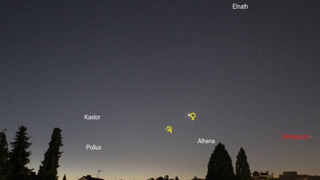 Venus und Jupiter im Sternbild Zwillinge (Objekte beschriftet)