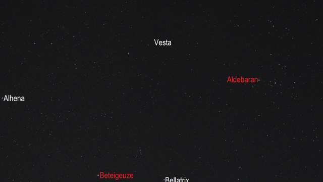 Vesta im Sternbild Stier (Objekte beschriftet)