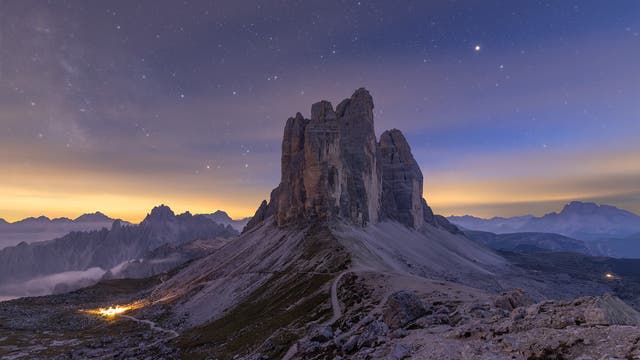 Drei Zinnen in der Dämmerung