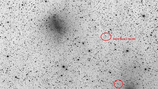Zwei Kleinplaneten bei NGC 6822 (negative Darstellung) Zwei Kleinplaneten bei NGC 6822 (negative Darstellung)