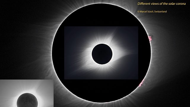Verschiedene Sichten der Sonnenkorona an der SoFi in den USA Verschiedene Sichten der Sonnenkorona an der SoFi in den USA