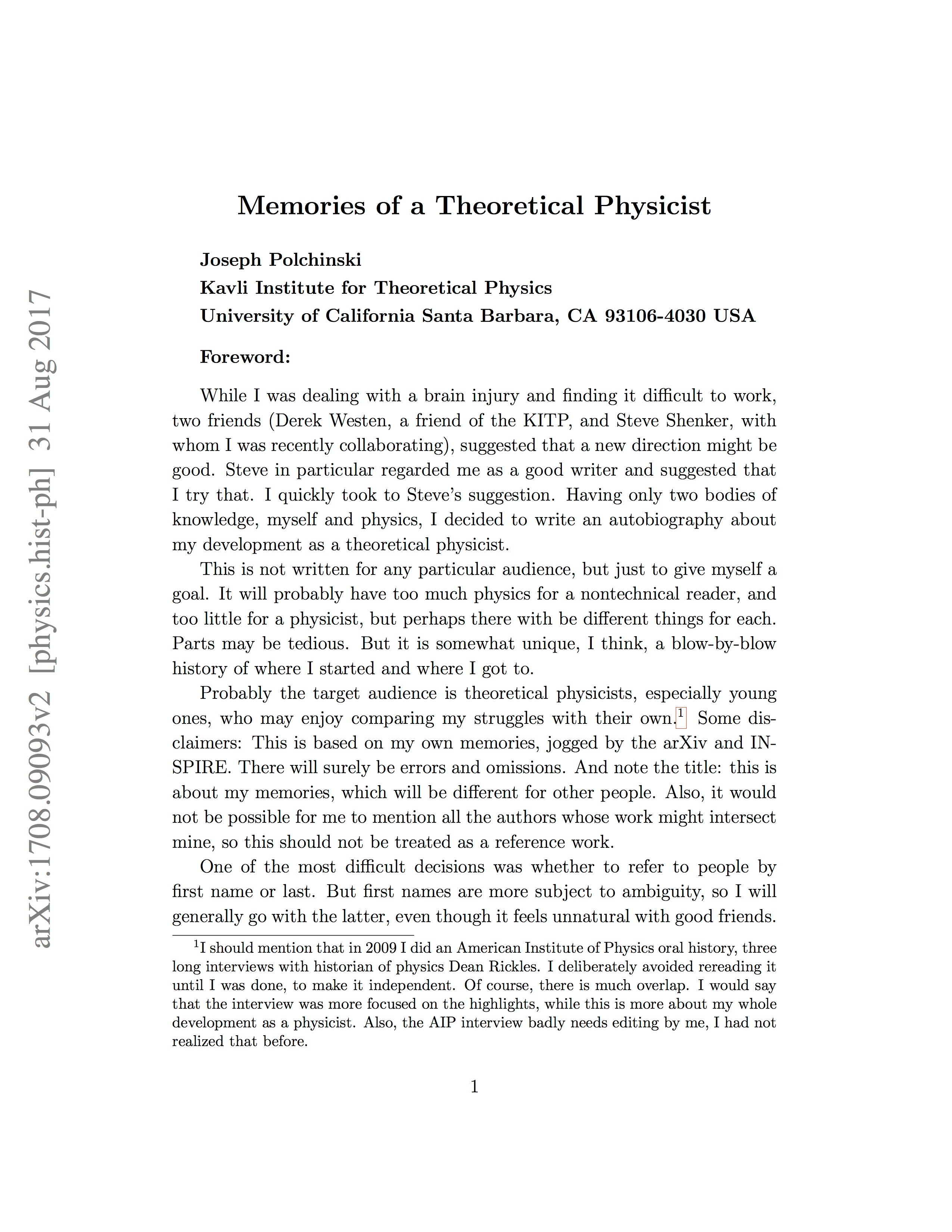 Memories of a Theoretical Physicist [kostenfreier Download]