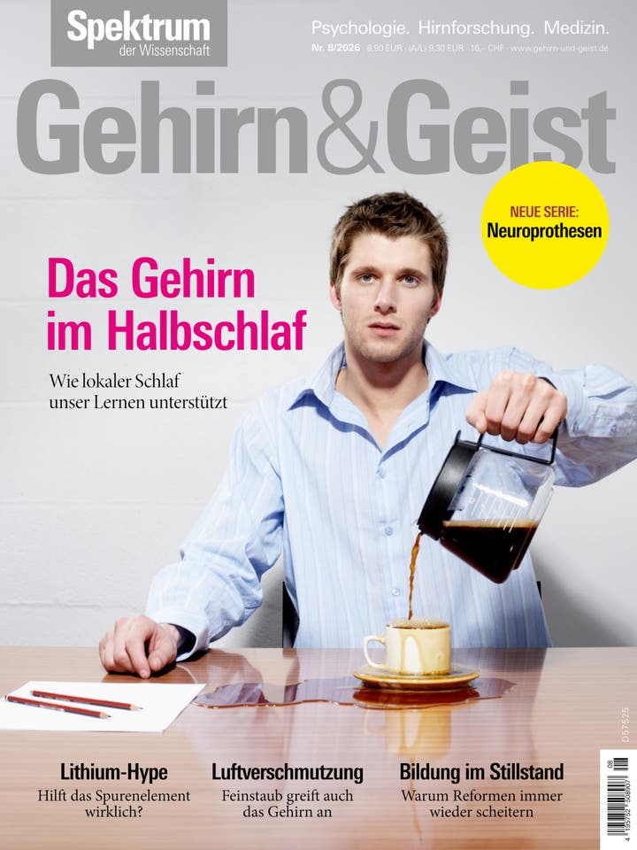 Titelbild des Magazins "Gehirn&Geist" mit einem Mann, der Kaffee versch&uuml;ttet, w&auml;hrend er eine Tasse f&uuml;llt. Der Haupttitel lautet "Das Gehirn im Halbschlaf", mit dem Untertitel "Wie lokaler Schlaf unser Lernen unterst&uuml;tzt". Oben rechts ein gelber Kreis mit der Ank&uuml;ndigung "Neue Serie: Neuroprothesen". Unten sind Themen wie "Lithium-Hype", "Luftverschmutzung" und "Bildung im Stillstand" aufgef&uuml;hrt.