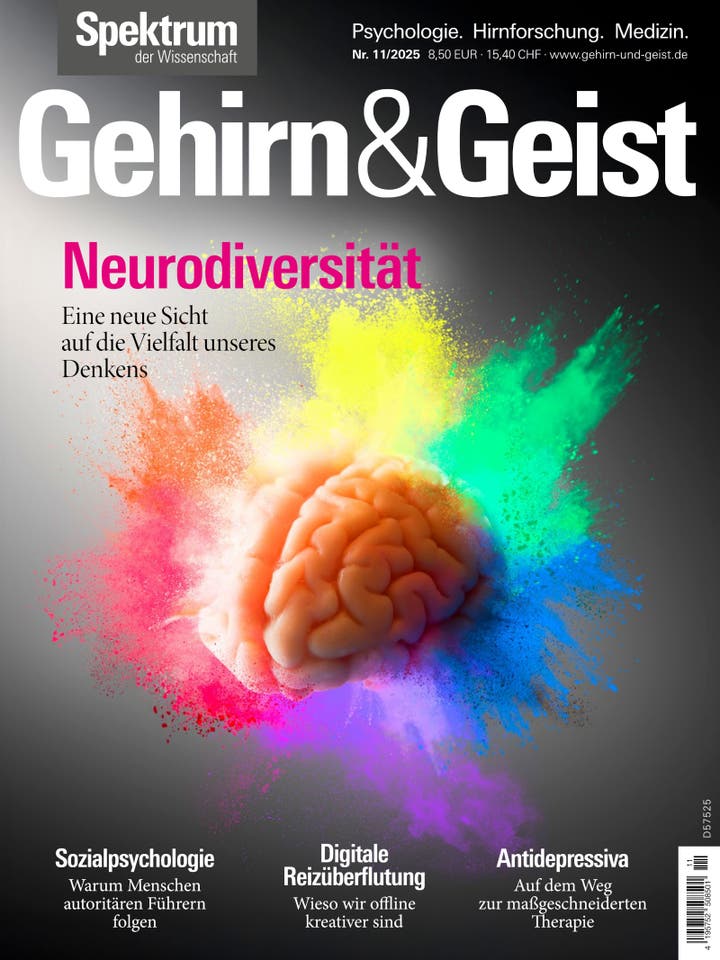 Titelbild des Magazins "Gehirn&Geist" mit dem Thema "Neurodiversität". Im Zentrum ist ein menschliches Gehirn abgebildet, umgeben von bunten Farbspritzern in Rot, Gelb, Grün und Blau. Oben links steht "Spektrum der Wissenschaft", und oben rechts sind die Themen "Psychologie. Hirnforschung. Medizin." aufgeführt. Der Text "Neurodiversität: Eine neue Sicht auf die Vielfalt unseres Denkens" ist prominent in Pink dargestellt. Unten sind Artikelthemen wie "Sozialpsychologie", "Digitale Reizüberflutung" und "Antidepressiva" aufgeführt.