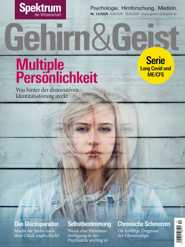Titelbild des Magazins "Gehirn&Geist" mit dem Thema "Multiple Persönlichkeit". Im Vordergrund ist eine Frau mit einem verschwommenen Effekt abgebildet, der die Thematik der dissoziativen Identitätsstörung visuell darstellt. Oben links das Logo von "Spektrum der Wissenschaft". Rechts oben ein gelber Kreis mit der Aufschrift "Serie Long Covid und ME/CFS". Unten sind Artikelvorschauen zu Themen wie Glücksparadox, Selbstbestimmung und chronische Schmerzen zu sehen.
