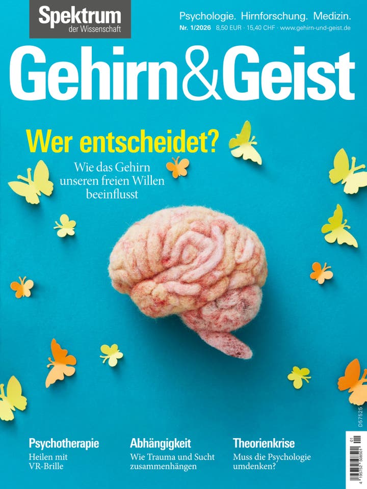 Ein Cover der Zeitschrift "Gehirn&Geist" zeigt ein Modell eines Gehirns auf einem blauen Hintergrund, umgeben von bunten Schmetterlingen. Der Titel lautet "Wer entscheidet? Wie das Gehirn unseren freien Willen beeinflusst". Oben links steht "Spektrum der Wissenschaft", und unten sind Themen wie Psychotherapie, Abhängigkeit und Theorienkrise aufgeführt.